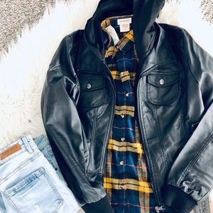 Leather jacket w/removable fleece hoodie